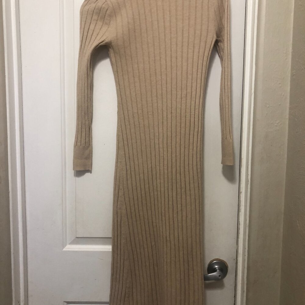 Womans Loft Max Sweater Dress Small Brown Long Sleeve Collar Cream - Picture 10 of 13